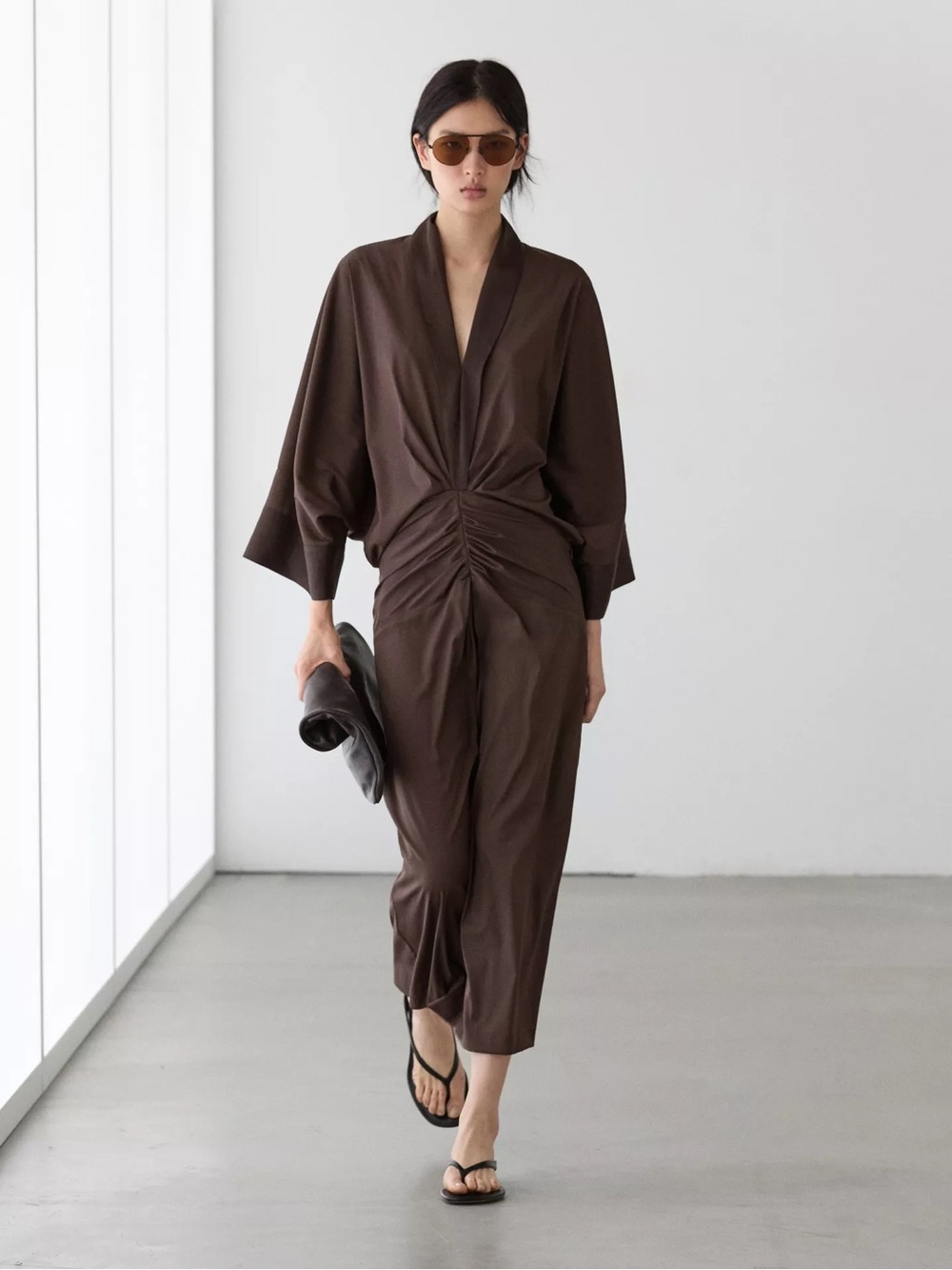 Massimo Dutti Brown Ruched Front Midi Kimono Style Maxi  Dress - Women